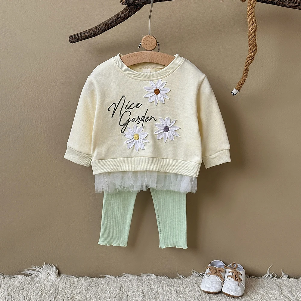 Girls Baby Floral Applique Sweatshirt+Leggings 2Pcs Lace Tulle Hem Pullover Tops Pants for Kids 2026 Children Clothes Sets