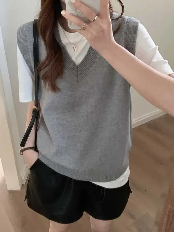 

Свободный вязаный жилет с V-образным вырезом для женщин, новая модель весна-осень, универсальная верхняя одежда для многослойных образов, модный стиль для девушек