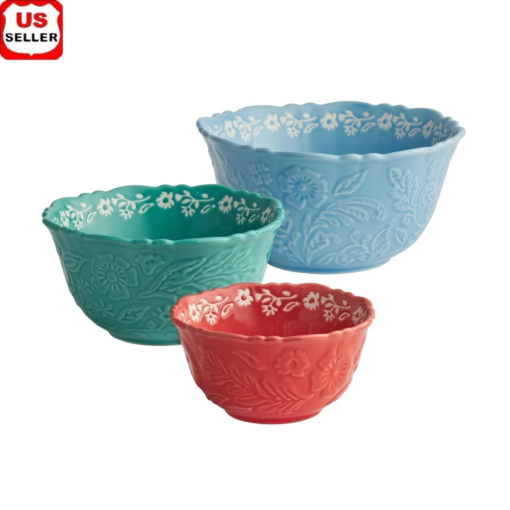 

3pc Embossed Stoneware Serving Bowl Set Microwave Dishwasher Safe Stackable Durable Kitchen Decor Multi Use Family Meals
