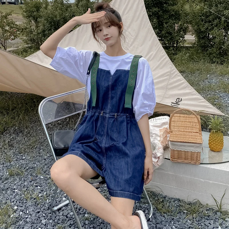 Faionable Wide Leg Denim Overalls Women's Summer New Loose Casual Pants High Waist Korean Sle  Color ket Design