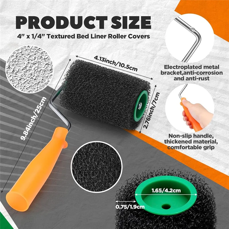 

A26F-9 Pcs Textured Paint Roller Kit, 4 Inch Bed Liner Roller Covers With Frame For Truck Coatings And Non-Slip Surfaces