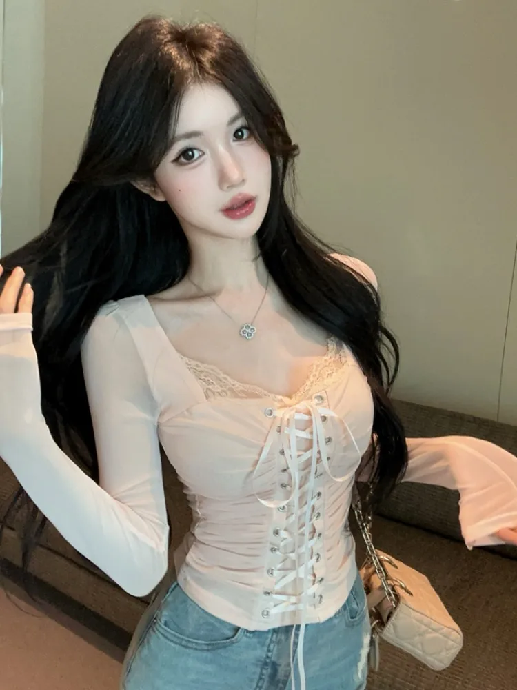 Sexy Slim Fit Mesh T-Shirt Women's Winter Waist Cinching Lace Underwear Cross Strap Design Knitted Long Sleeve  Color
