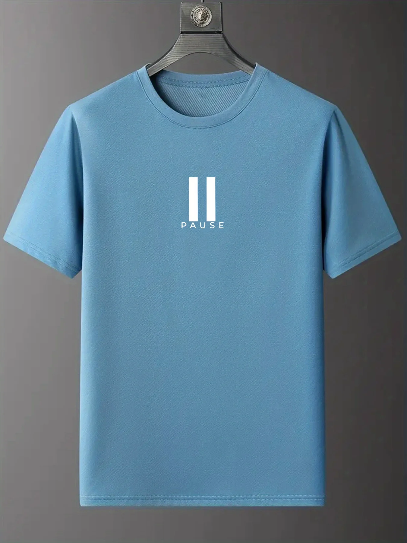 PAUSE Print Crew Neck T-shirt For Men, Casual Short Sleeve Top, Men's Clothing For Spring/Summer