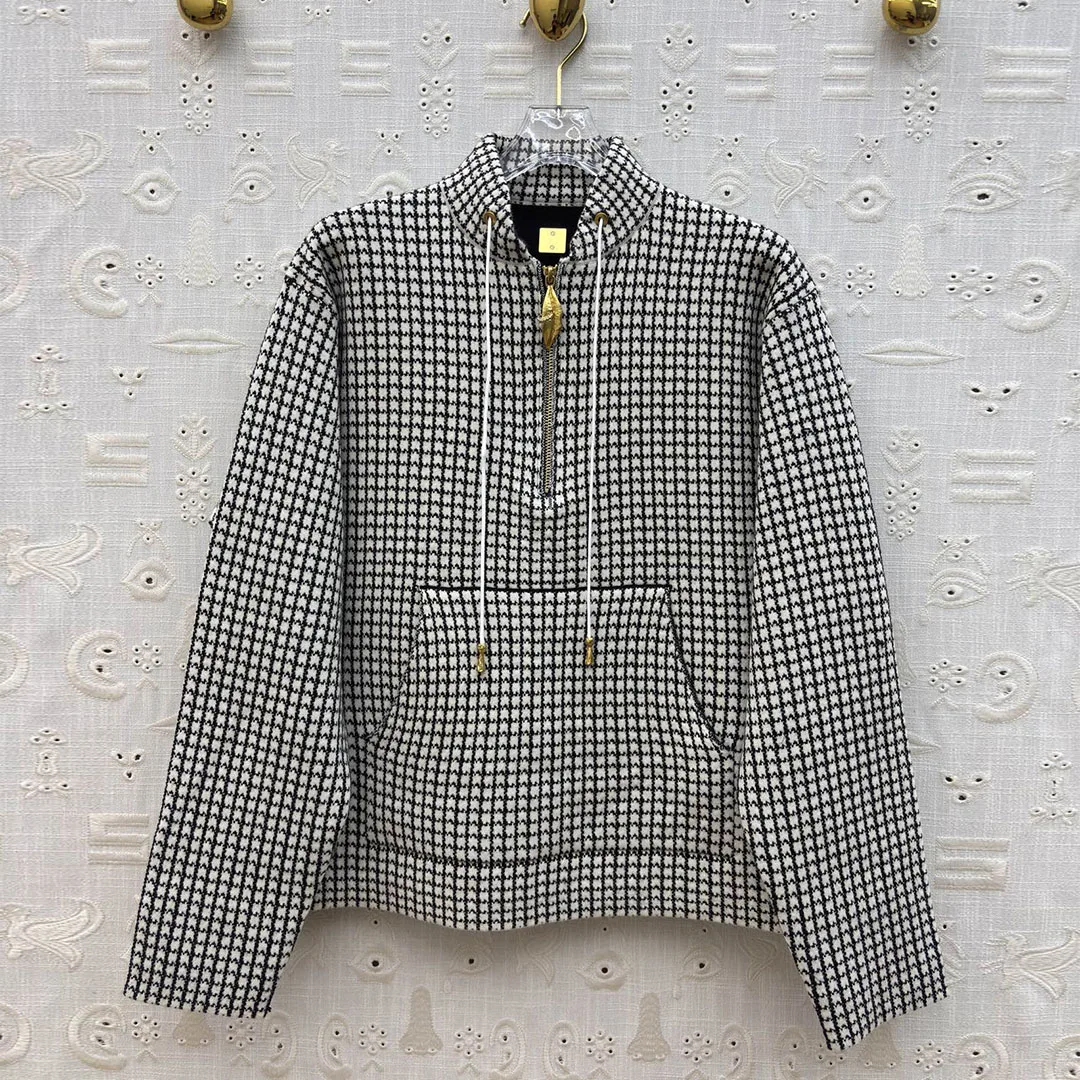 

New Vintage Wool Blends Plaid Knitted Pullover Women Stand Collar Drawstring Gold Lip Zipper Long Sleeve Casual Loose Sweater