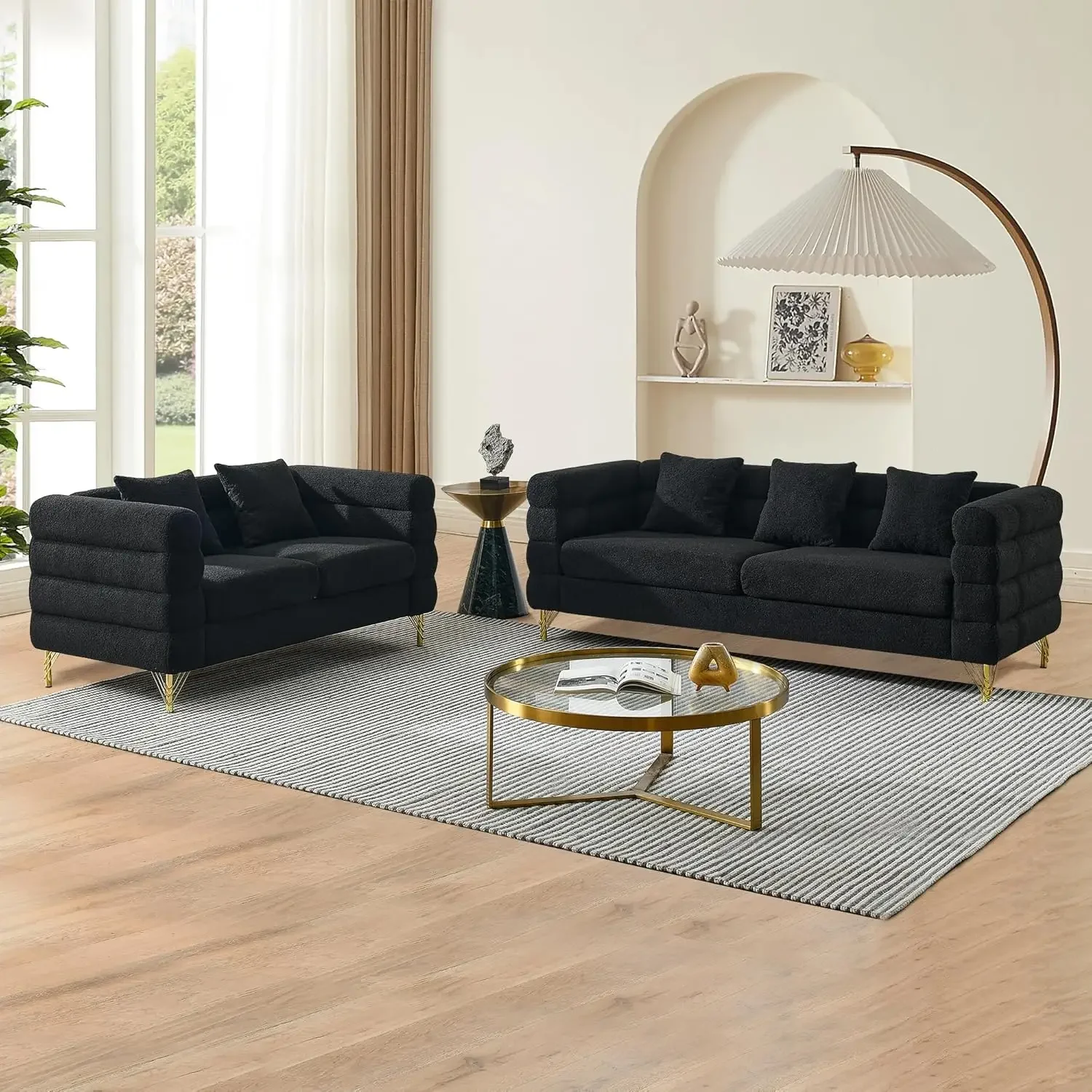 

Luxury Teddy Sofa Set for Living Room, 3 Seater Couch and Loveseat with 5 Pillows for Apartment, Office, Hall (Black)
