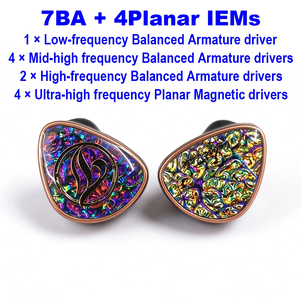 H74 IEM Earphones in Ear Monitors Earbuds HiFi Wired Headphones 7BA+4 Planar Magnetic Driver Headphone for Audiophiles 2pin IEMs