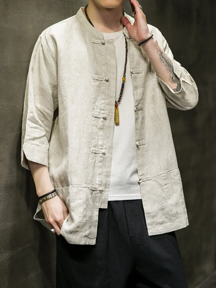 

Men's Tang Suit Linen Shirt Jacket Summer Button Chinese Style Short Sleeve Cotton Linen Seven Sleeve Tops Loose Fit Youth Po...