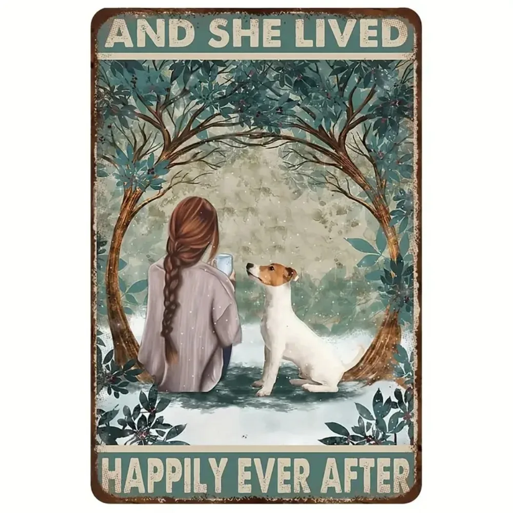 LadyDogHappilySign - Cartel de chapa de metal retro rústico - Perro Lady & Jack Russell, decoración de jardín de granja vintage