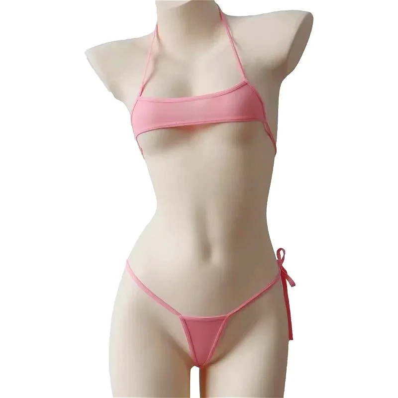 

Sexy Lingerie Women's Bikini Exotic Sets Pink Tight Swimsuit T-Panties Set Thin Lace Up Transparent Bikinis Sets Spring Summer