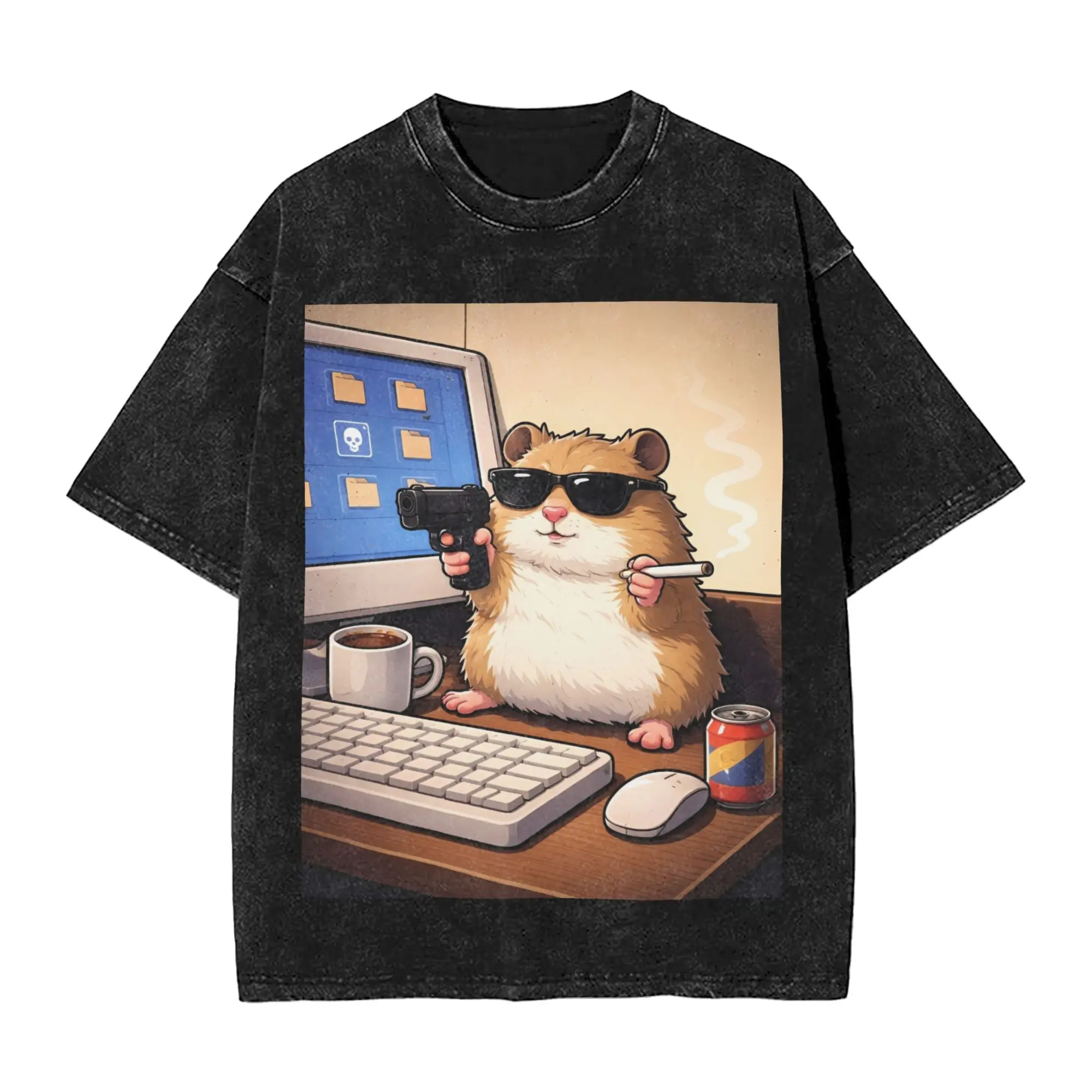 Cyber Hamster Meme 90s Animal T Shirts Hip Hop Washed Cotton Harajuku T-Shirt  Novelty Men Women Top Streetwear Summer Tee Shirt