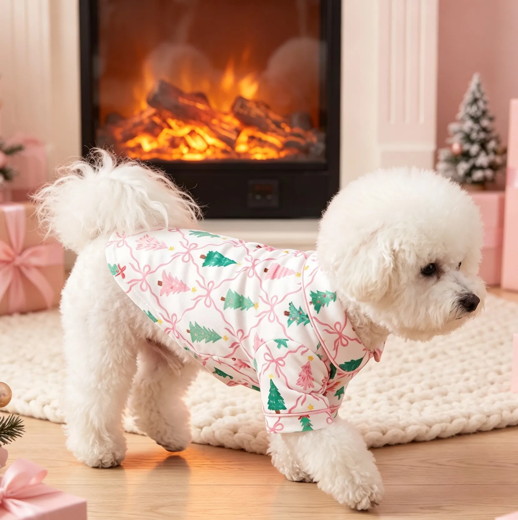 1 pet shirt, pink bow light color Christmas tree print dog press button shirt