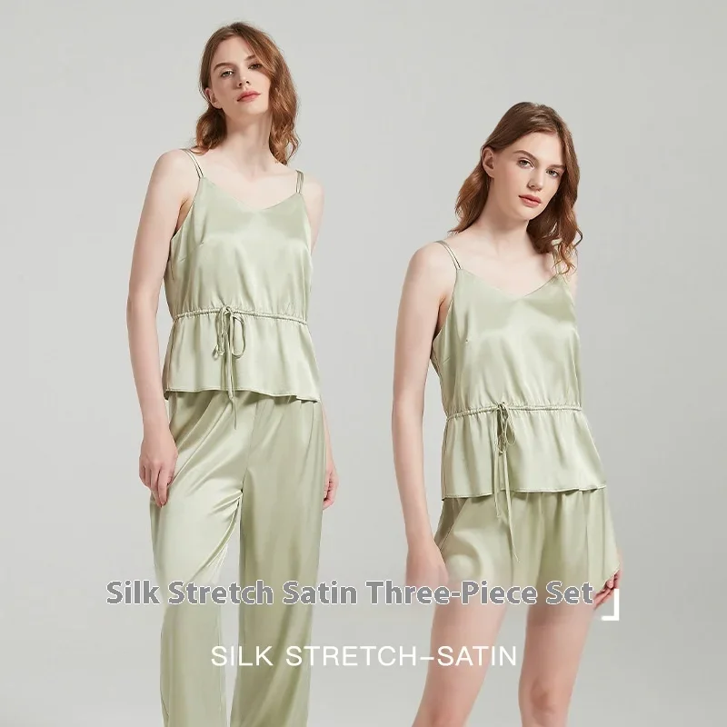 

19 мм НАСТОЯЩИЙ 100% шелковый топ-бретелька, шорты и брюки, пижамный комплект из 3 предметов, одежда для сна, летняя пижама без рукавов, ночная рубашка PJS
