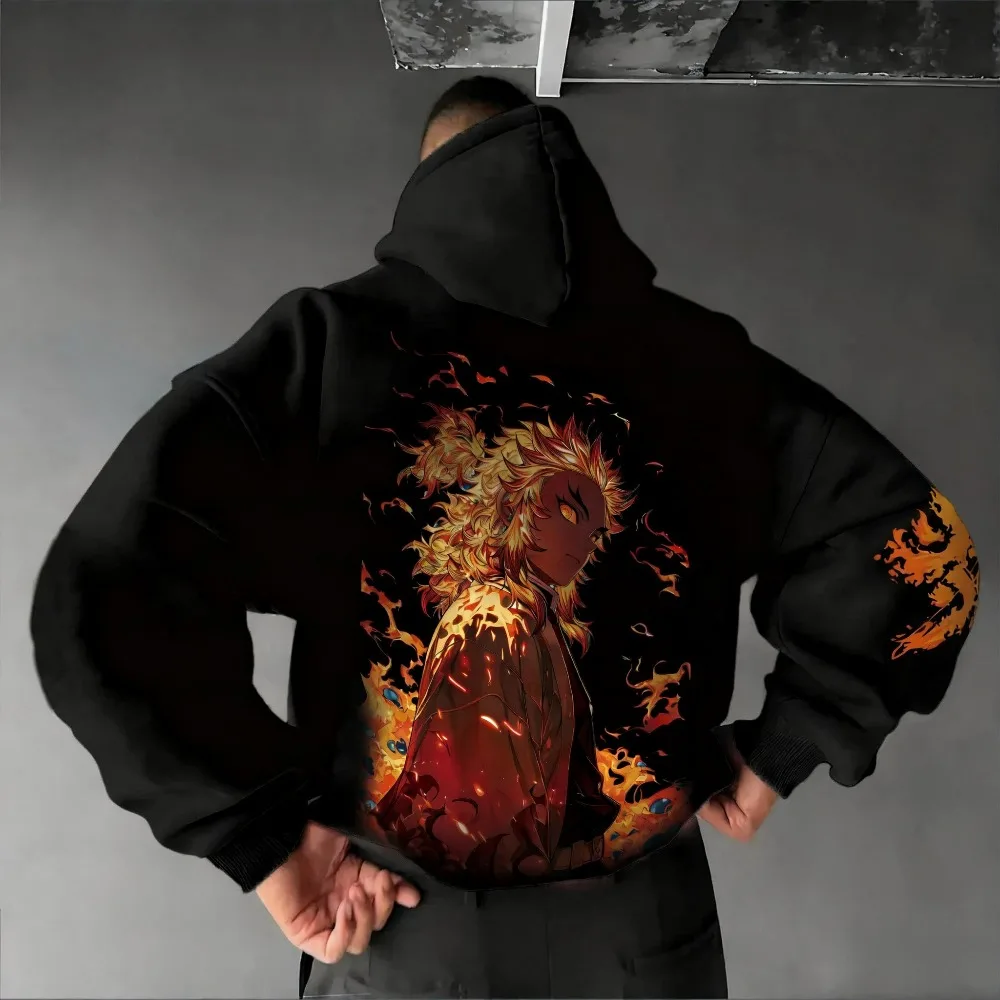 Demon Slayer 2025, Herbst/Winter, neuer Herren-Kapuzenpullover Rengoku Kyoujurou, Anime, bedruckt, locker, lässig, amerikanischer Familienpullover