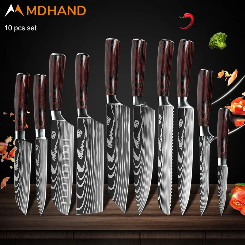 Kitchen Knife Set Damascus Pattern Stanless Steel  Japanese Santoku Knife Cleaver Slicing Utility Knife