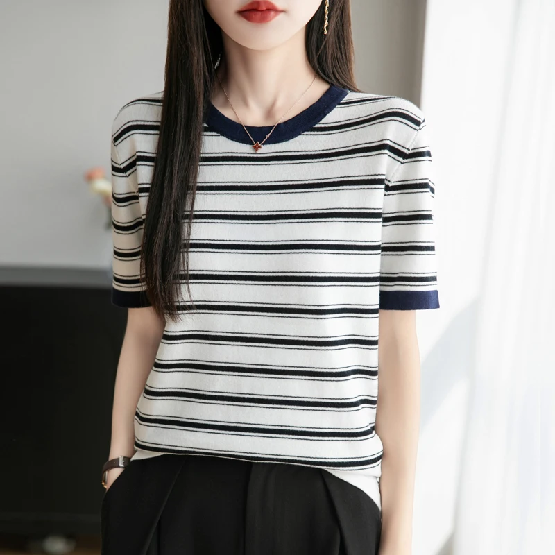 Summer New Style 100% Cotton Round Neck Women'S T-Shirt Stylish Color-Blocking Striped Short Sleeve Loose Casual Half-Sleeve