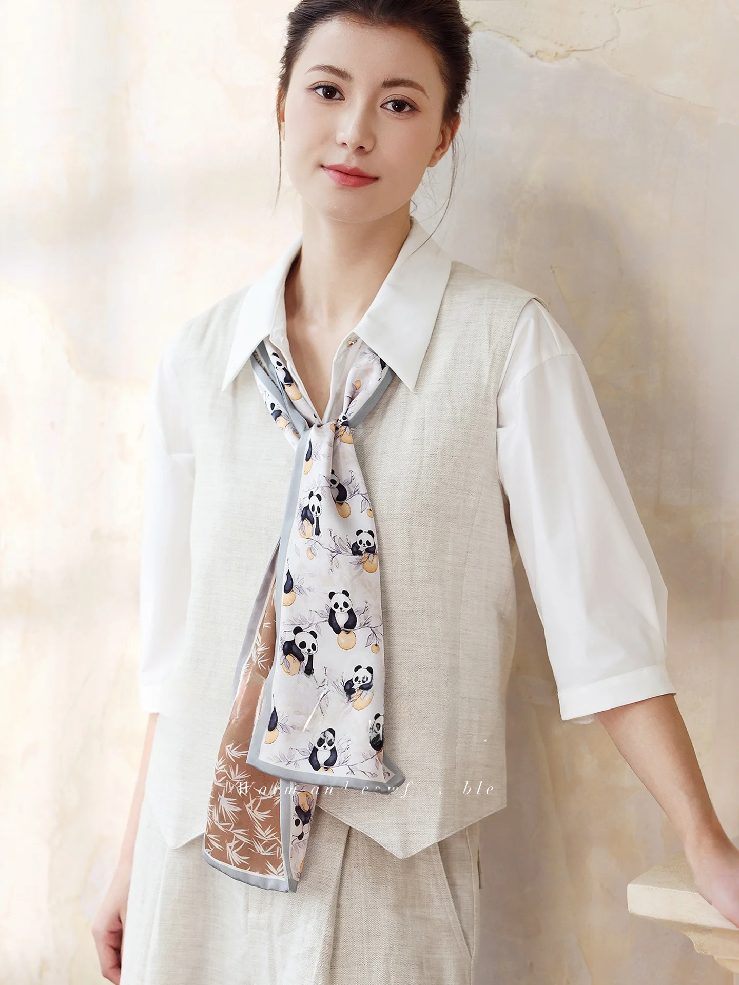 パンダシルクスカーフ薄いネクタイハイエンドレディース2026新作春シャツマッチ軽量長方形中国風ファッションアクセサリー