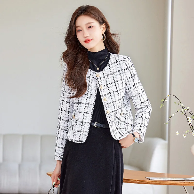 سترة صوفية قصيرة منقوشة عالية الجودة للنساء بصدر واحد للخريف والشتاء ملابس أنيقة للسيدات للمكتب باللون الأسود والأبيض #4