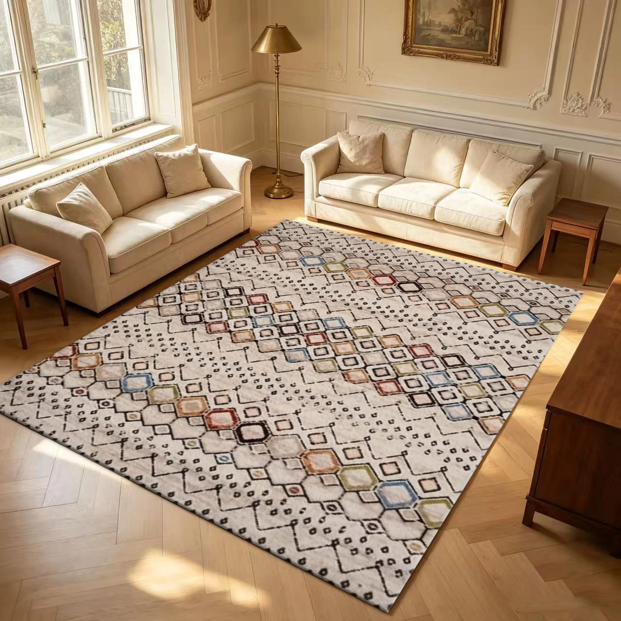 Modern Boho Geometric Area Rug Cream Base Colorful Square Dot Pattern Floor Carpet for Living Room Bedroom Study Home Decor