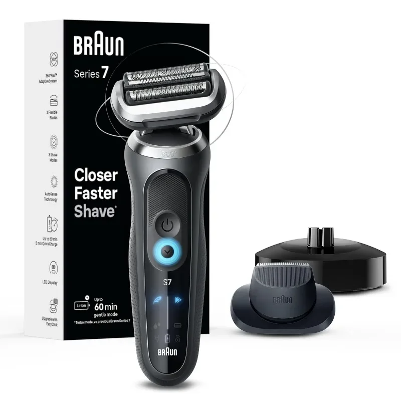 Braun Electric Shaver for Men, Series 7 7127cs, Wet & Dry Shave, Waterproof Foil Shaver, with Beard Trimmer, Charging Stand,Grey