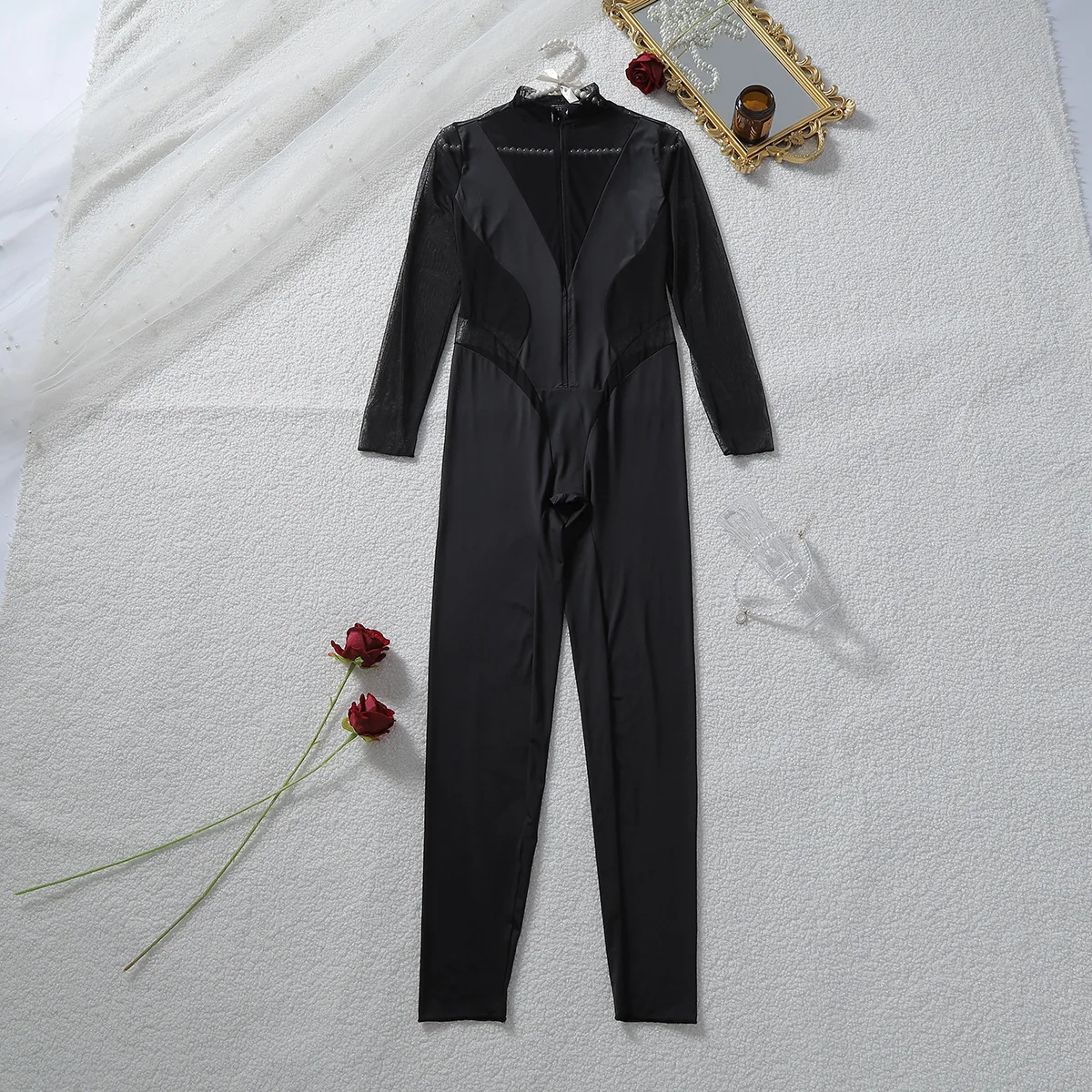 Ellolace Cougar Lingeries Femme Ultra Hot Long Sleeve High Neck Jumpsuit Splicing Pattern Zip-Up Catsuit Slim Shape Chic Outfits view 6