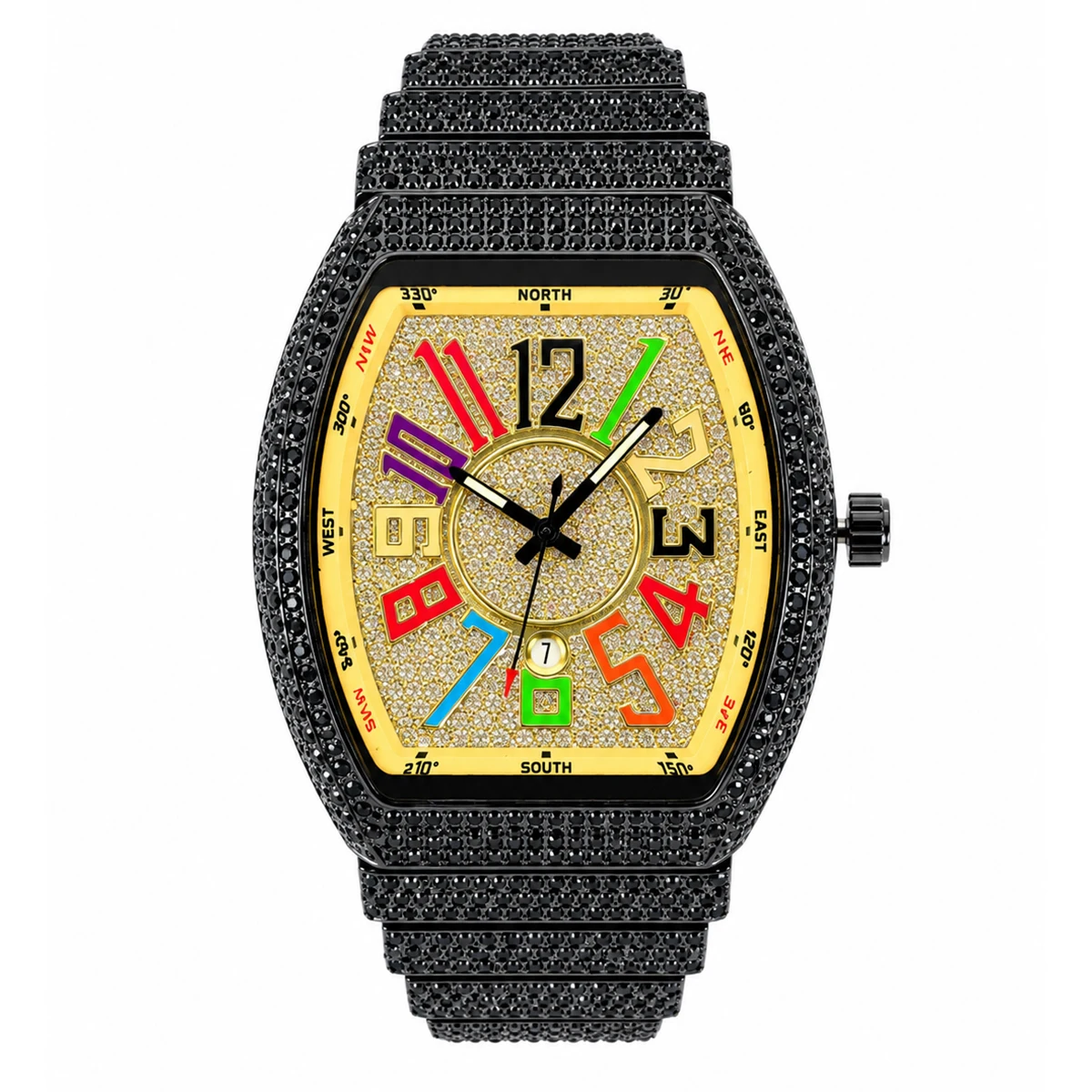 Men's Luxury Barrel-Shaped Quartz Watch With Black Iced Diamond Rainbow Number Dial Luminous Hands Watches For Man Dropshipping