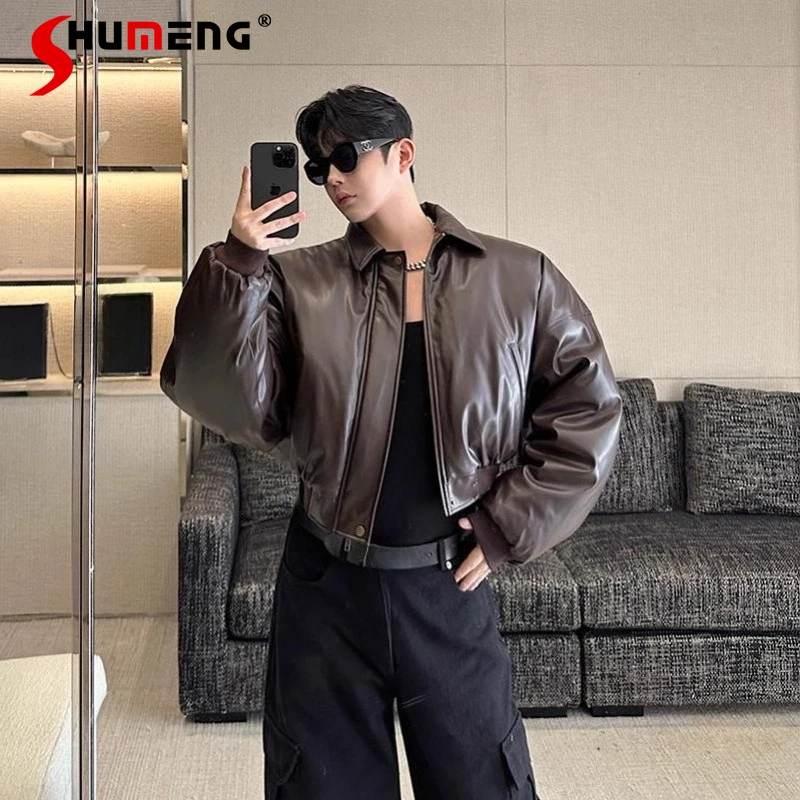 

Men's 2025 Winter New Retro PU Leather Fashion Parkas Men's Thickened Cold-Proof Warm Solid Color Coats Male Simple Faux Leather