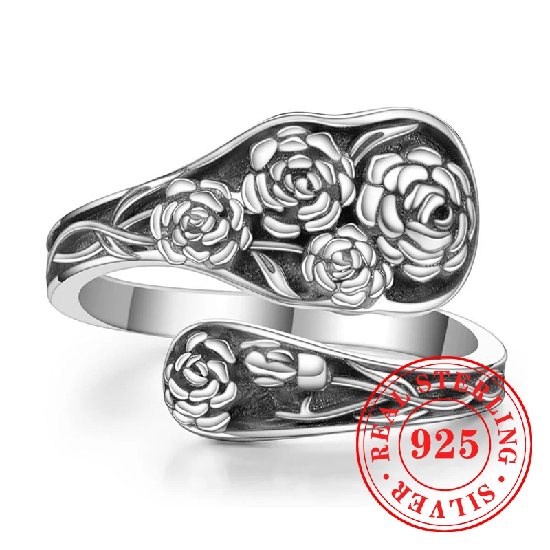 Huitan-anillos con apertura de diseño de rosa para mujer, estilo Vintage, delicados accesorios Punk de Plata de Ley 925, joyería de fiesta preciosa