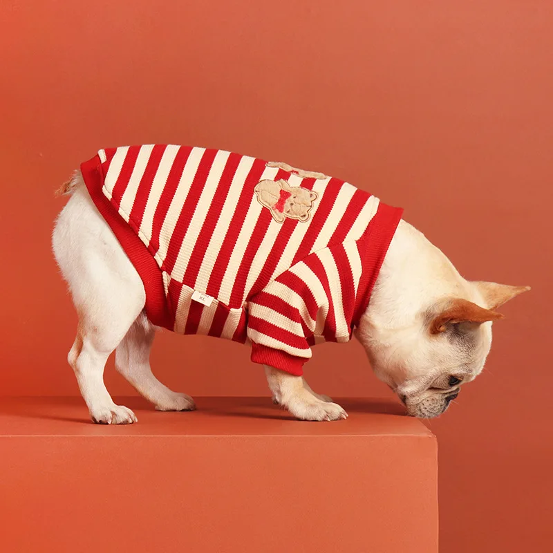 

Plush Warm Dog Clothes Cute Bear Clothes Striped Pet Clothes Pure Cotton Red Christmas Clothes Sweater New Year Clothes