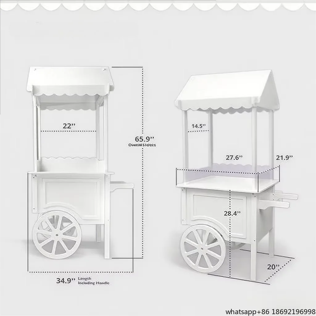 New detachable wooden candy cart for wedding parties with 5.6 feet tall and 2.11 feet long wheels on display
