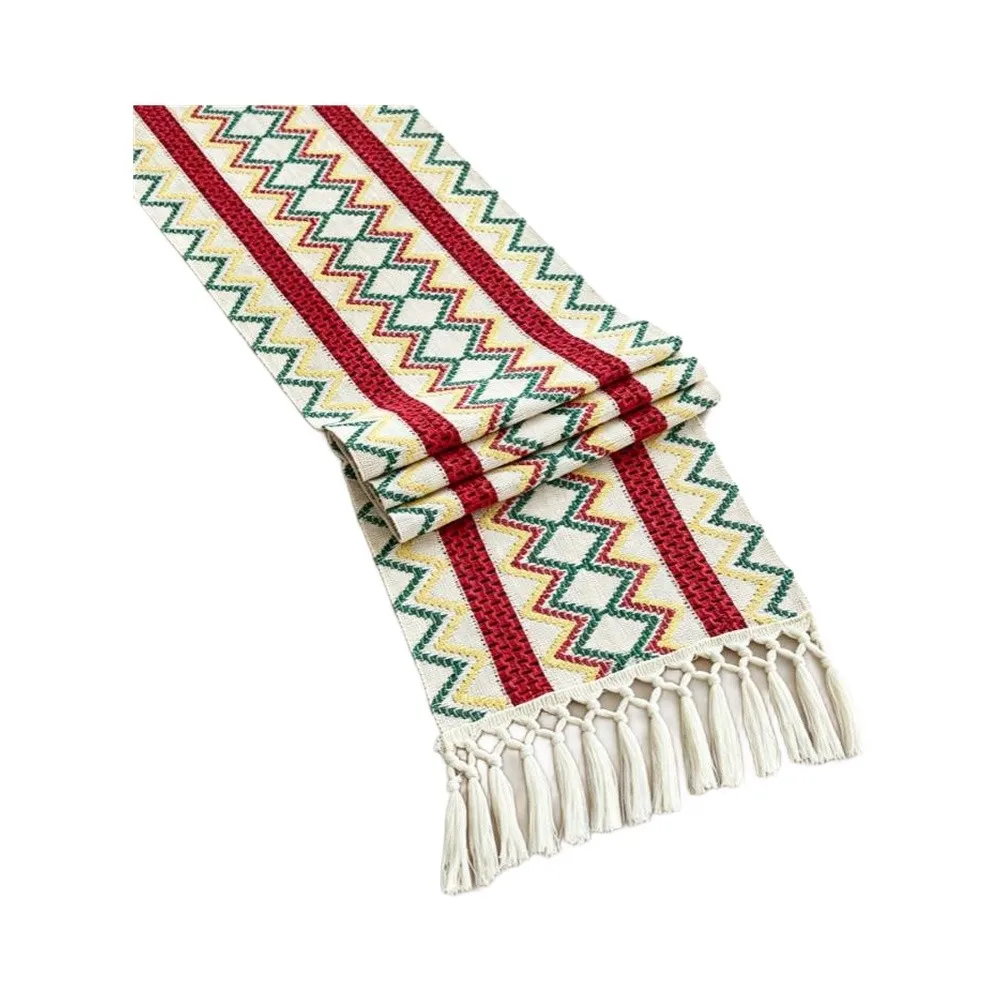 180CM Polyester Table Scarf for Runner with Geometric Weave and Dual End Tassels Red Green Blue Orange Table Decoration