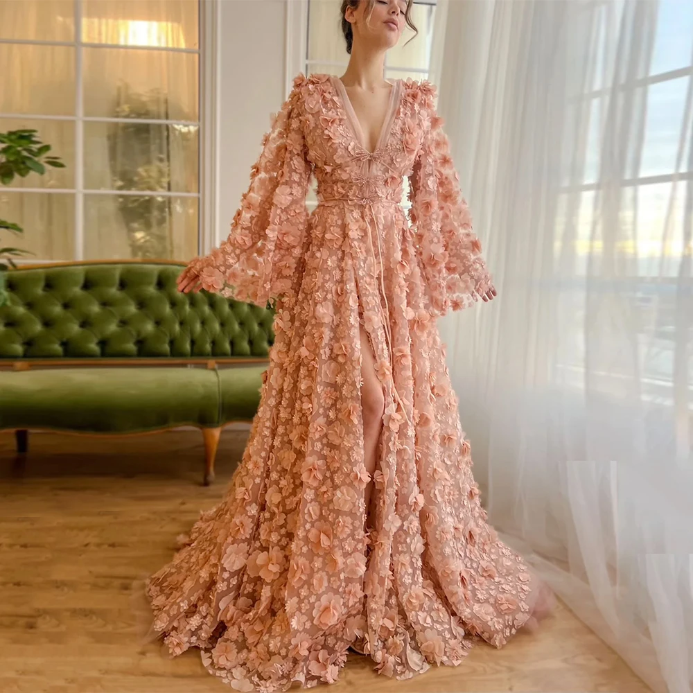 Customized Special Occasion Dresses Evening Dress Batwing Sleeve V Neck High Slit Flower Lace Prom Gown for Weddings Party Dress