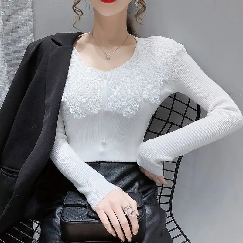 Sweet Lace Doll Neck Knitted Sweater, Stylish Autumn New Base Shirt, Korean Version Slimming Top