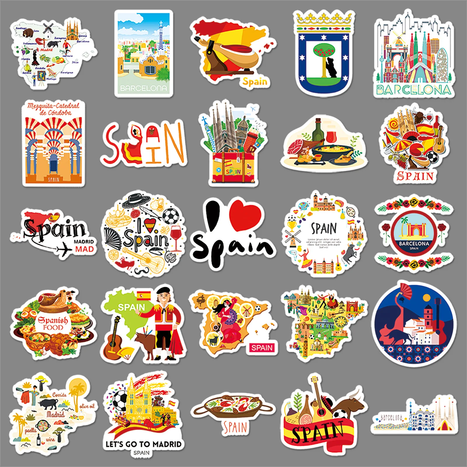 10/50PCS Spain Scenic Spot Stickers Travel Cartoon Graffiti Sticker Luggage Laptop Phone Guitar Car Bike Skateboard Decals
