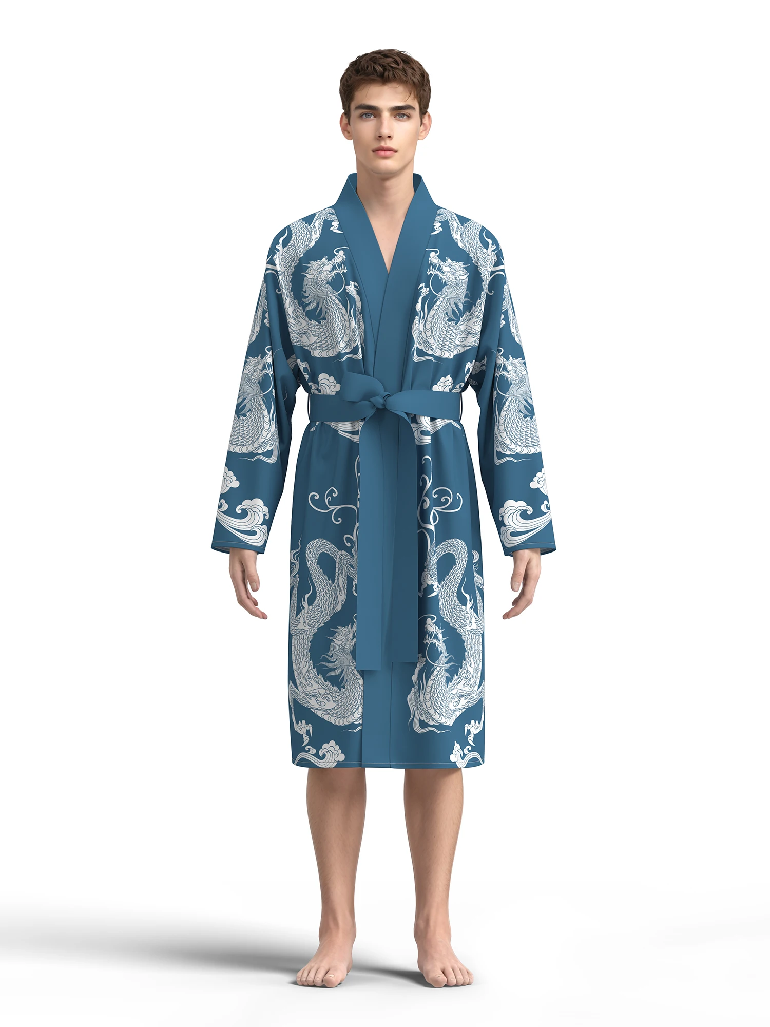 

2025 Spring and Autumn New Men's Sleeping Robe Blue Dragon Totem Home Bathrobe Casual Long Sleeve Pajama Sleepwear Nightgown
