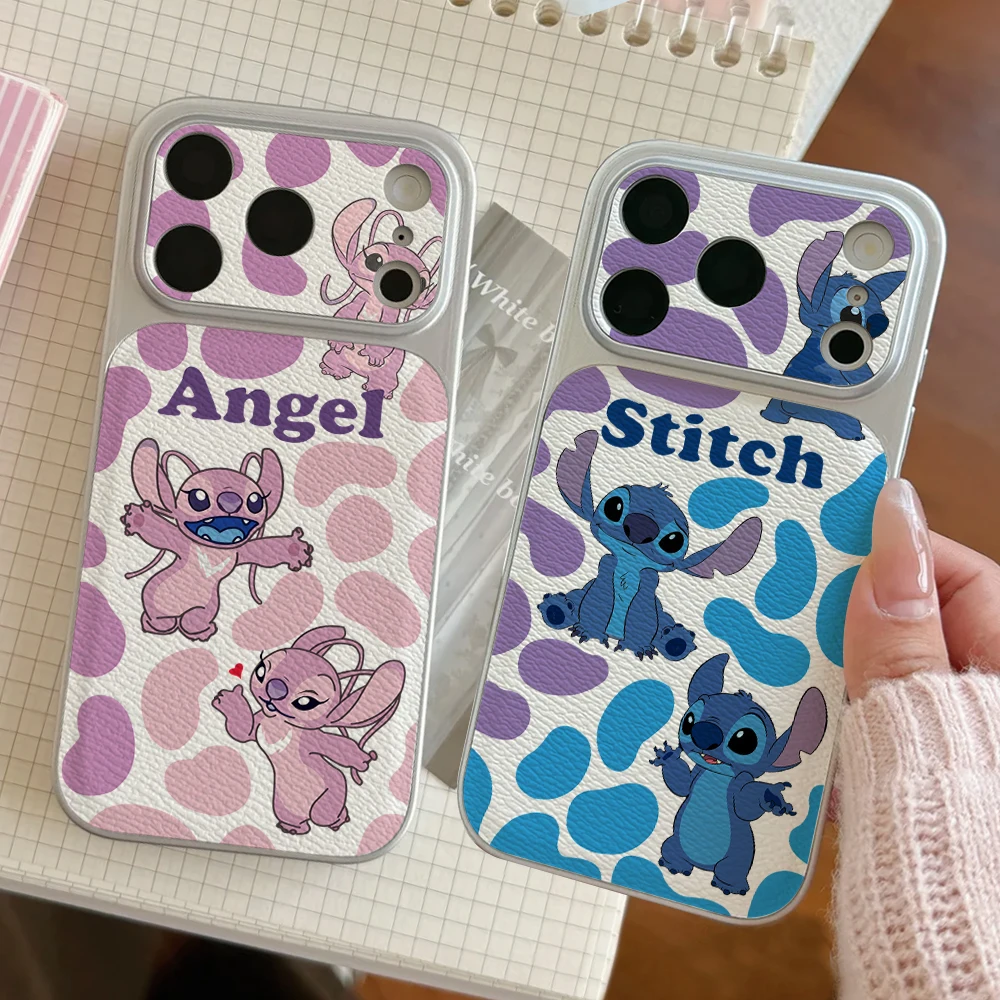 

Disney Lilo Stitch Couples Phone Case For IPhone 17 16 15 14 Electroplated Leather Shockproof Phone Accessories 13 12 11 Casing
