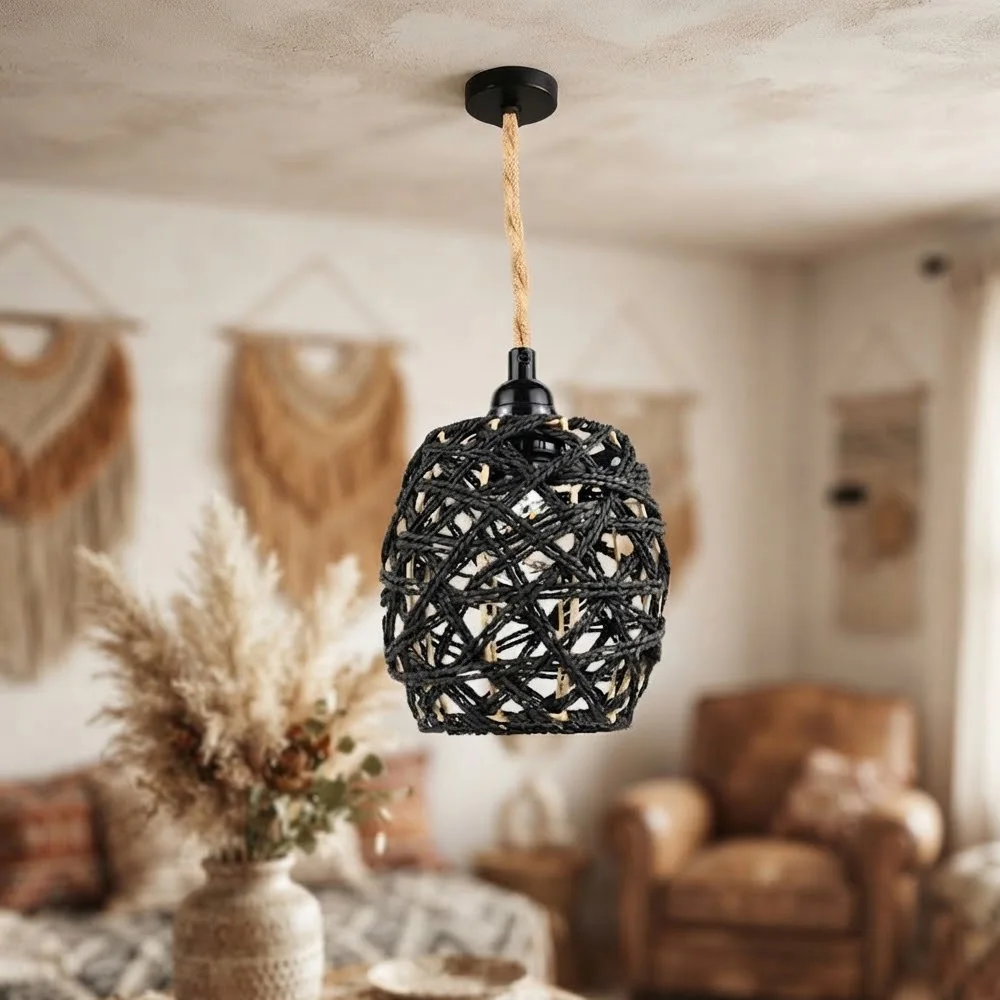 Bohemian-Style Handcrafted Rattan Lampshade E27 Lighting Accessory for Living Room Bedroom Dining Room Decor