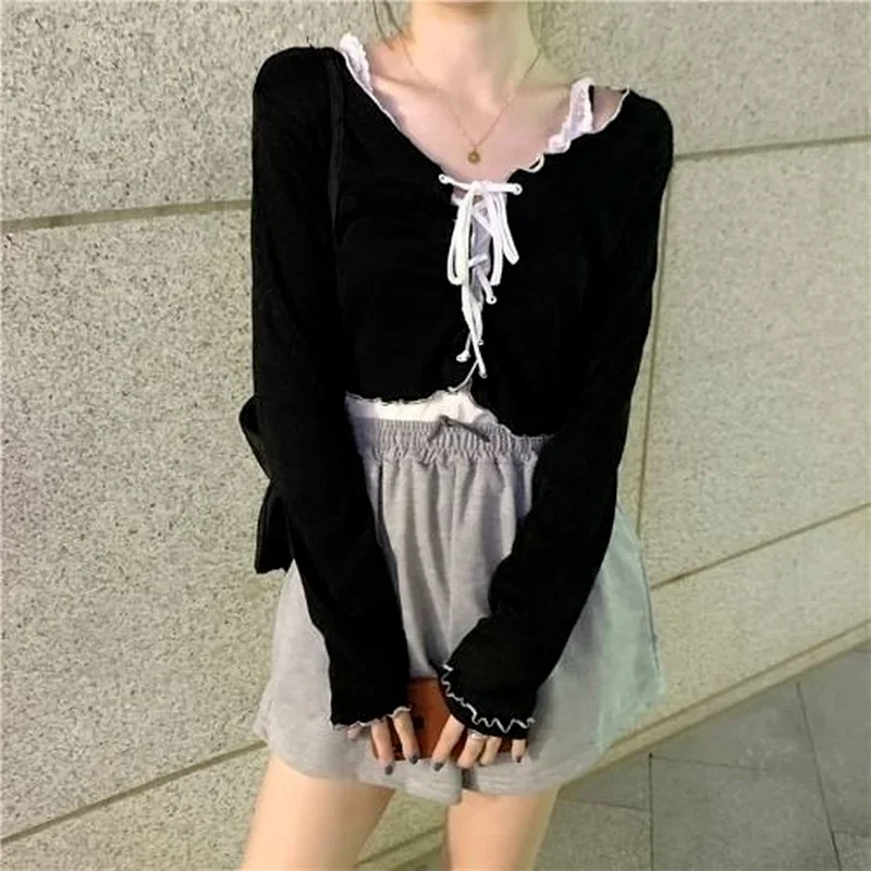 T-shirt a maniche lunghe da donna Cardigan con lacci Patchwork increspature Trendy dolce adorabile Crop top cappotto da donna Sexy capispalla per il