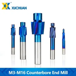 Counterbore End Mill Tools HSS M3-M16 Pilot Slotting Blue Coated 4 Flutes Countersink Milling Cutter Woodworking Tools