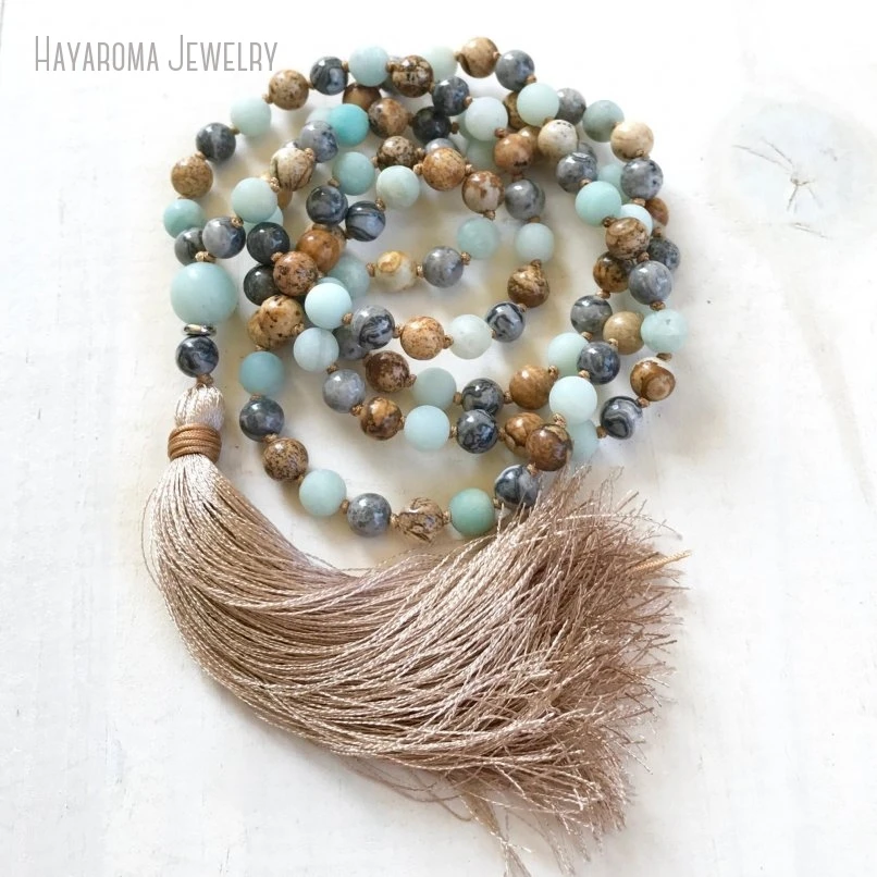 10Pcs Jaspers 108 Japa Mala Bead Amazonite Necklace Meditation Mala Gemstone Silk Tassel Jewelry