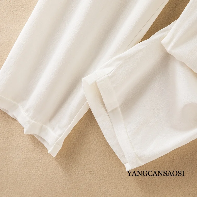 White 93%Natural Mulberry Silk Elastic Herringbone Pattern High Waisted Draped Professional Suit Straight Tube Smoke Pipe Pants