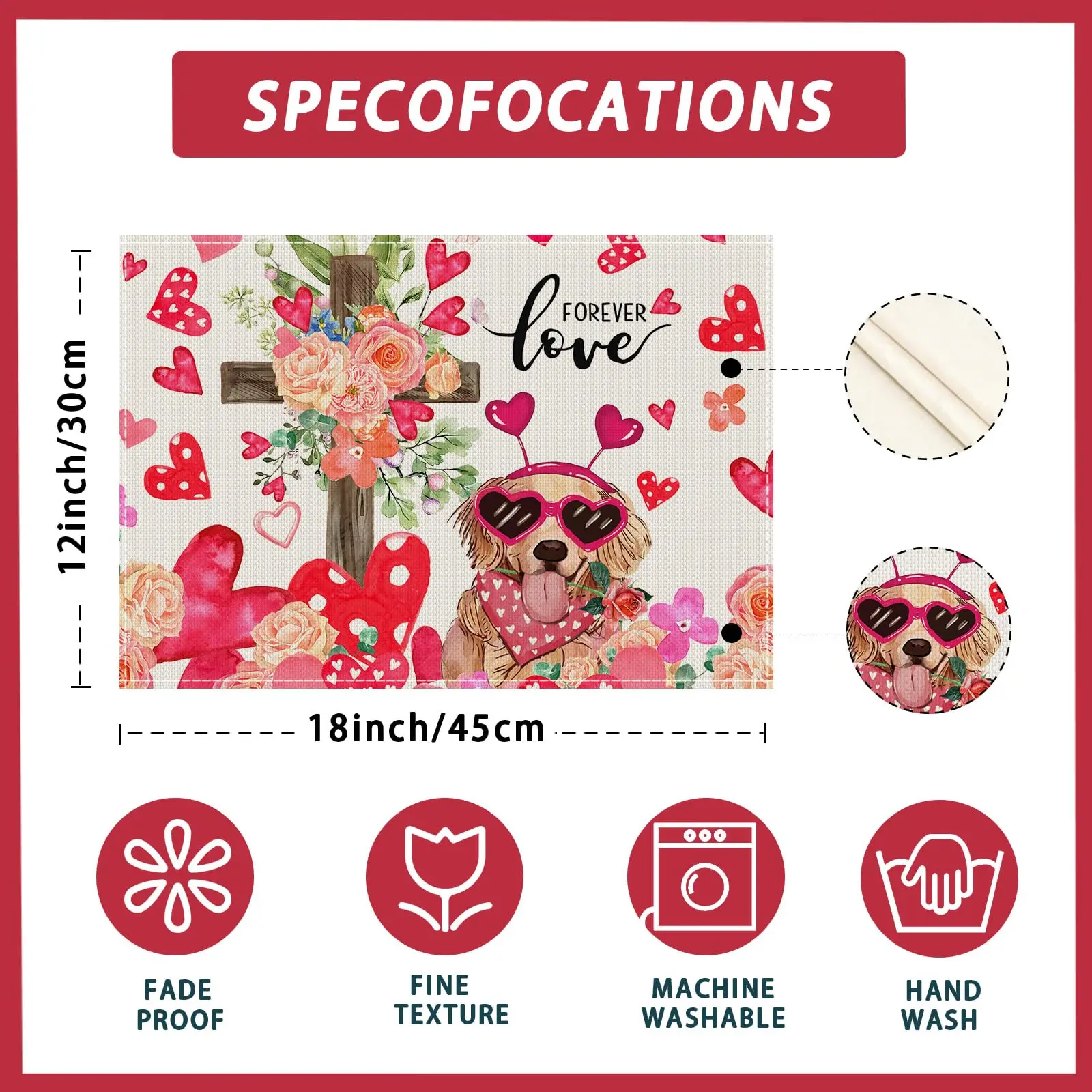 Love Hearts Cross Roses Flowers Dog Valentine's Day Placemats Table Mats for Party Home Kitchen Dining Table Decor 12x18 Inch