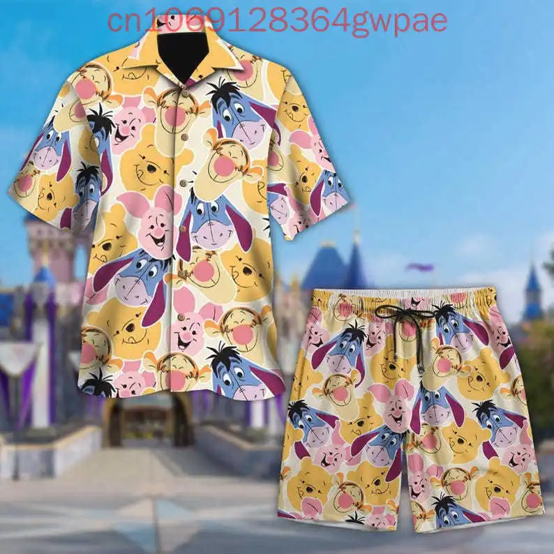 Disney Piglet Aloha Floral Button Shirt Winnie the Pooh Shirt And Shorts Suit Magic Kingdom Men Women Hawaiian Shirts