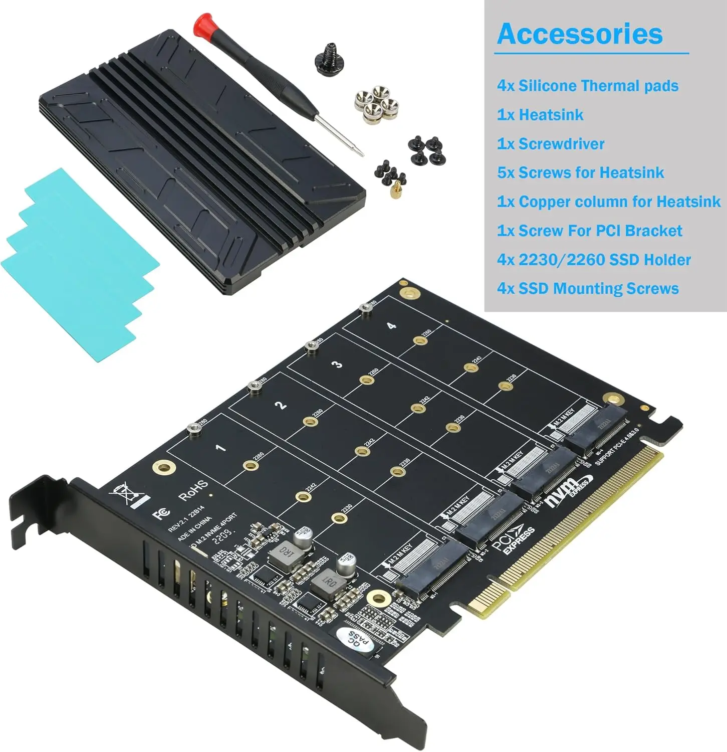 Quad NVMe PCIe Adapter, RIITOP 4-Port NVMe to PCI-e 4.0/3.0 x16 Expand Controller Card with Heatsink for M.2 NVMe SSD