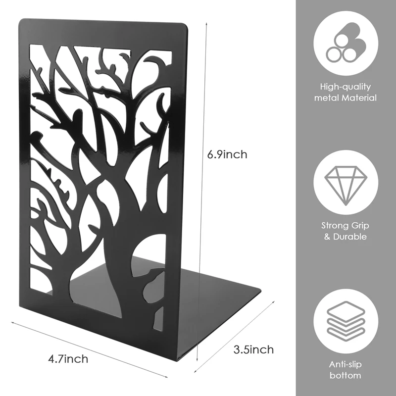Metal Book End Prateleira Spine, Fim do livro antiderrapante, Fim decorativo do livro, 2 pares