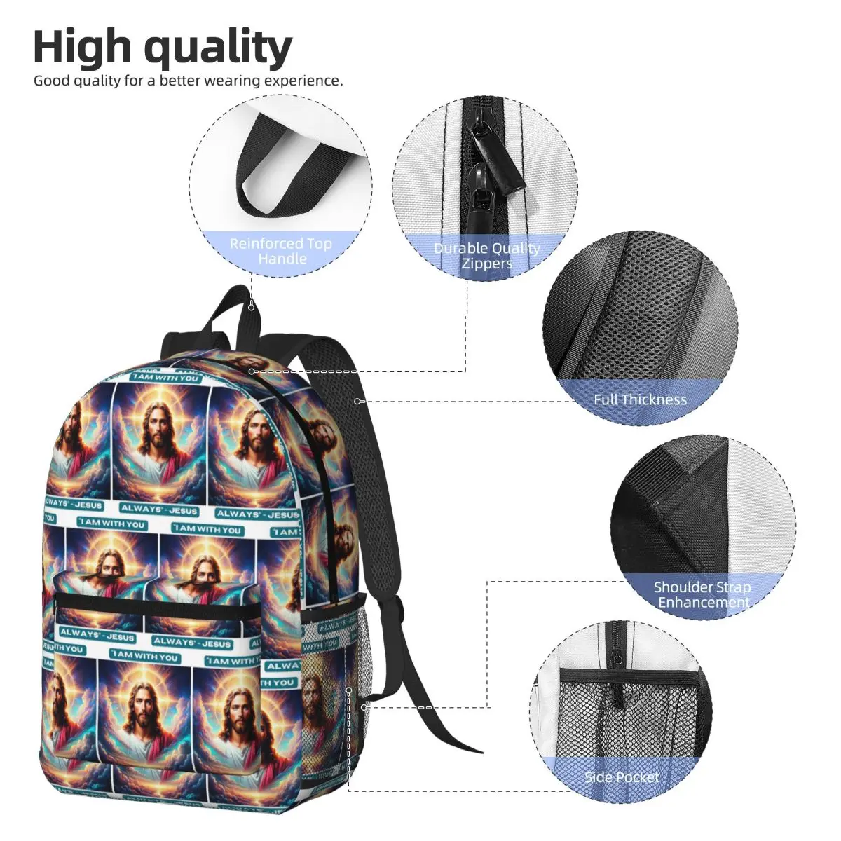 QuotI Am With You Always Jesus Biblical Backpack Student BookBag Children School Bag Laptop Shoulder Bags for Men Women