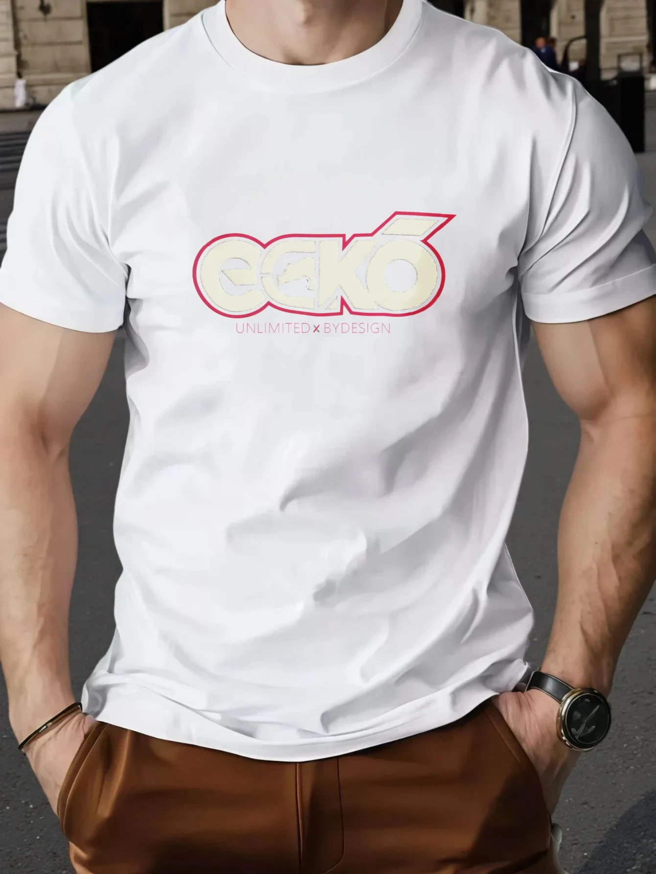 Men Ecko Double Layer Red Outline Logo Print T-Shirt Korea US Hot Minimal Crew Neck Hip Hop White Cotton Tee