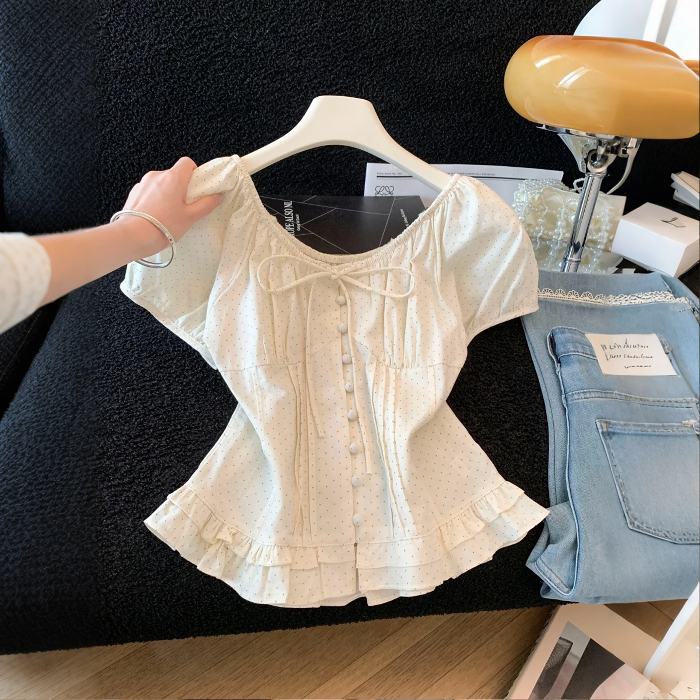 

Summer Thin Cotton Polyester Checkered Short Sleeve Women's Shirt Korean Style Design Sense Polka Dot Wood Grain Top