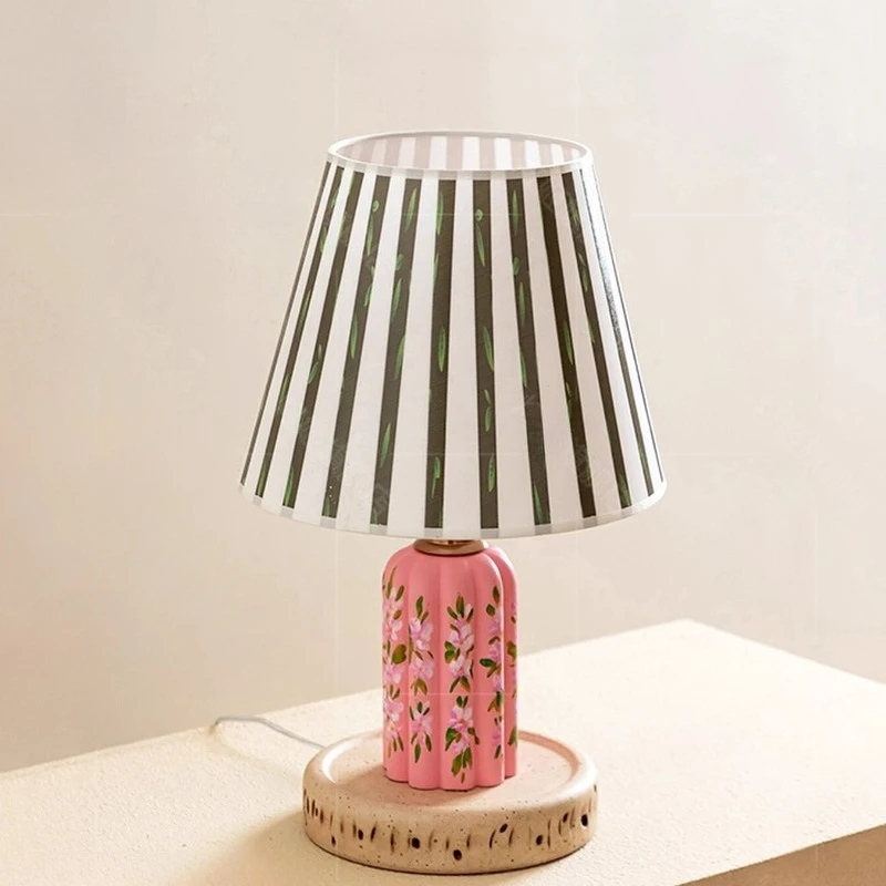 

American Pink Floral Ceramics LED Table Lamp Stripe Fabric Lampshade Living Room Bedroom Office Study Desk Light Home Decoration