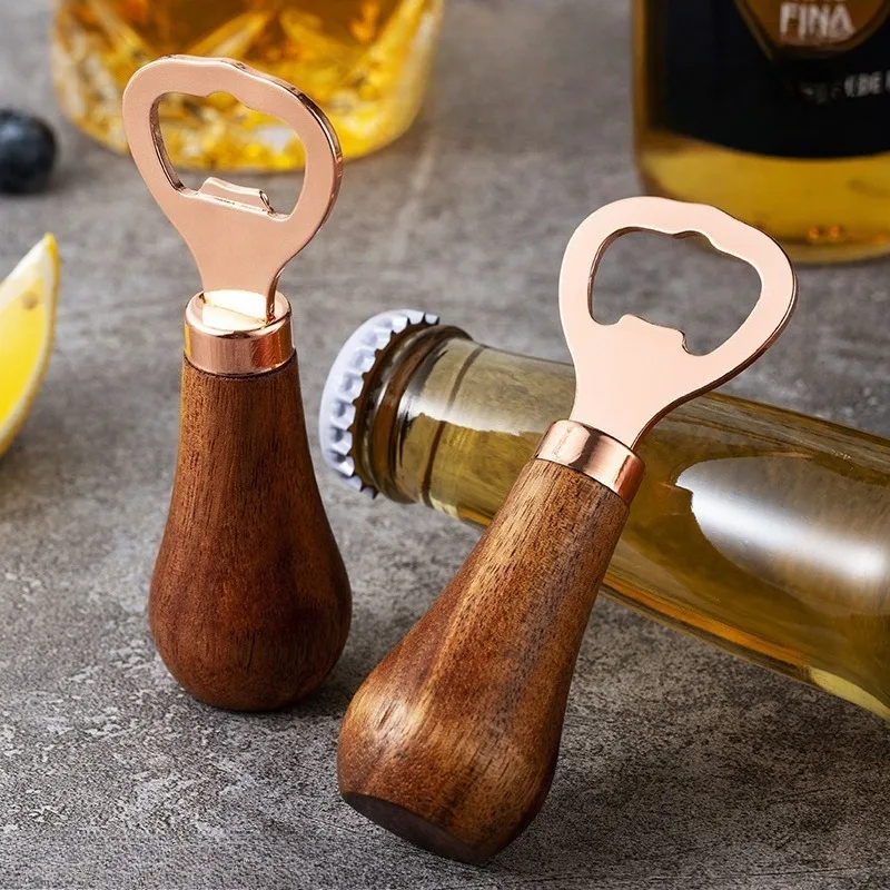 Acacia Wood Beer Bottle Opener Household Solid Wood Handle Rose Gold Chuangyili Stainless Steel Bottle Opener 1PCS