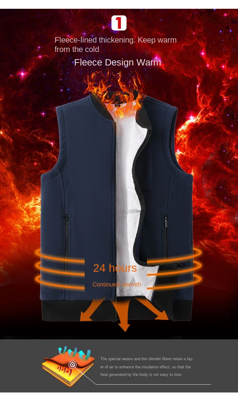 Herren Winterweste, ärmellos, Stehkragen, einfarbig, Fleece, dick, warm halten, Übergröße, Nackenschutz, Winterweste für den Alltag – Detail 6